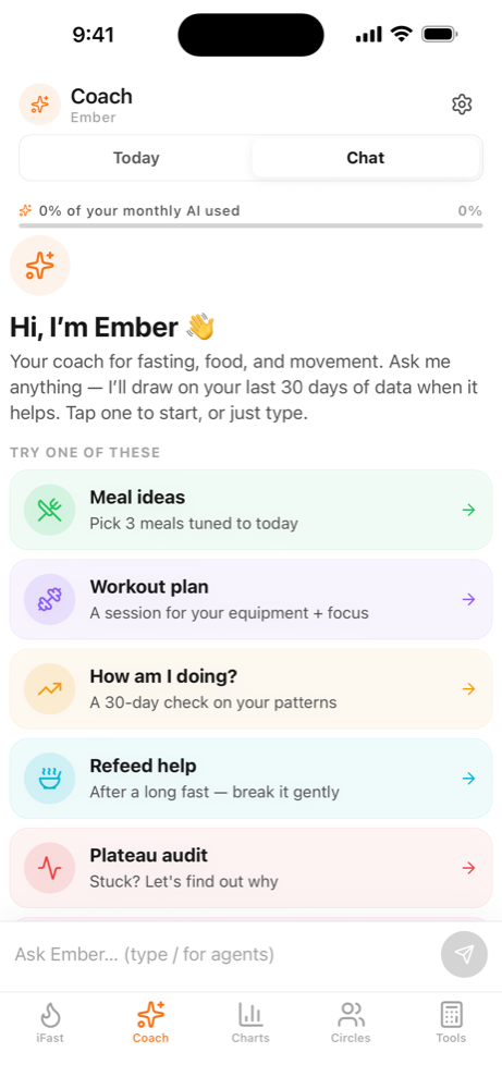 The Ember coach screen with specialist prompts including a 30-day review and a plateau audit