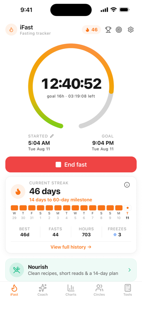 The fasting timer mid-fast, showing elapsed time, goal and the metabolic zone ring
