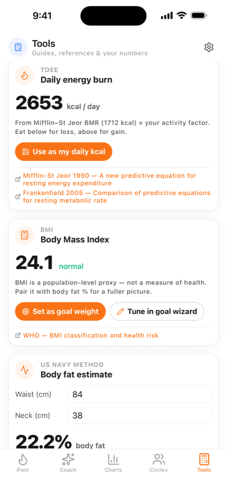The Tools tab showing daily energy burn and body mass index, each citing its source study